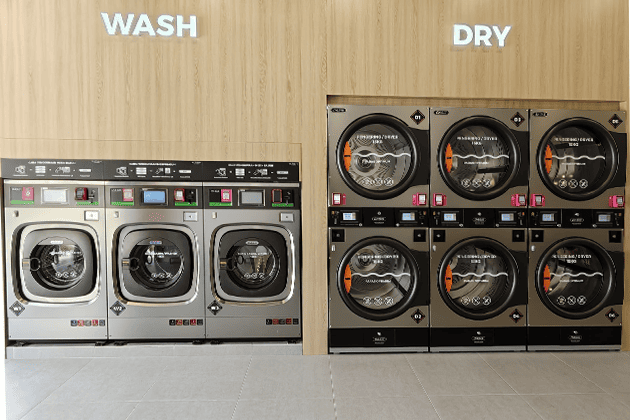 Commercial stack washer dryer for student housing laundry facilities