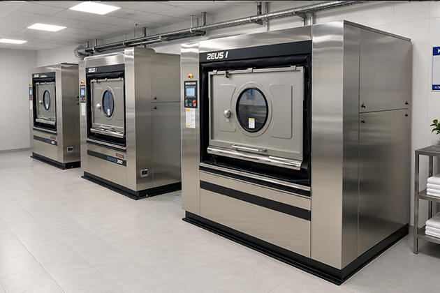 Pass-through hygienic barrier washing machine for professional hospital laundry clean room setup